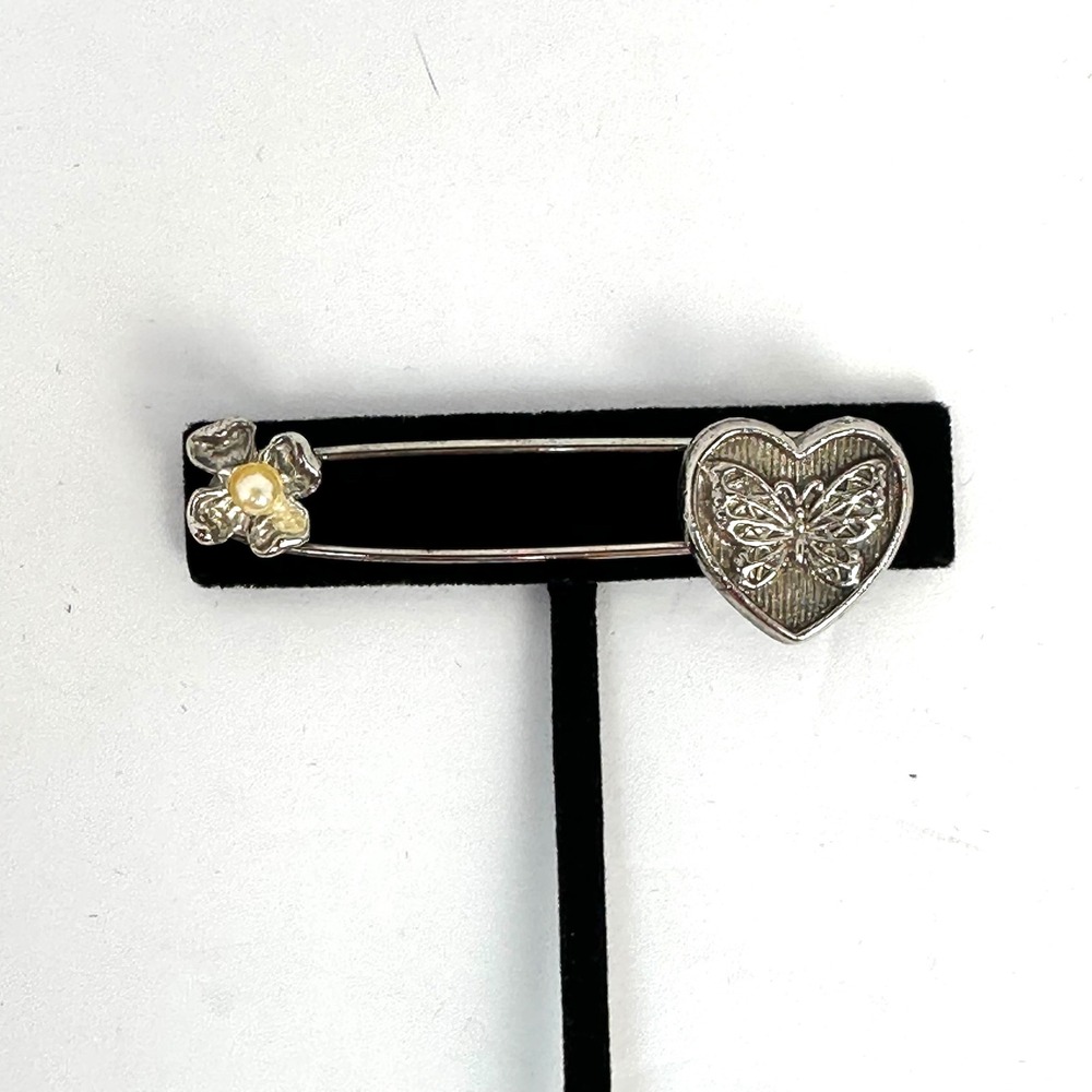 Vintage Style Butterfly Heart Flower Safety Pin‎ Brooch Women OS Silver Tone Pin - Picture 2 of 8